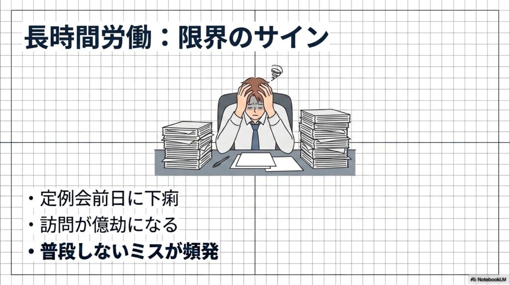 過重労働の限界のサイン。下痢・意欲低下・ミス頻発など適応障害・うつ病の限界サインを示す