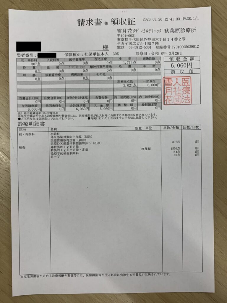実際の領収書。初診料込みで6,060円（3割負担）