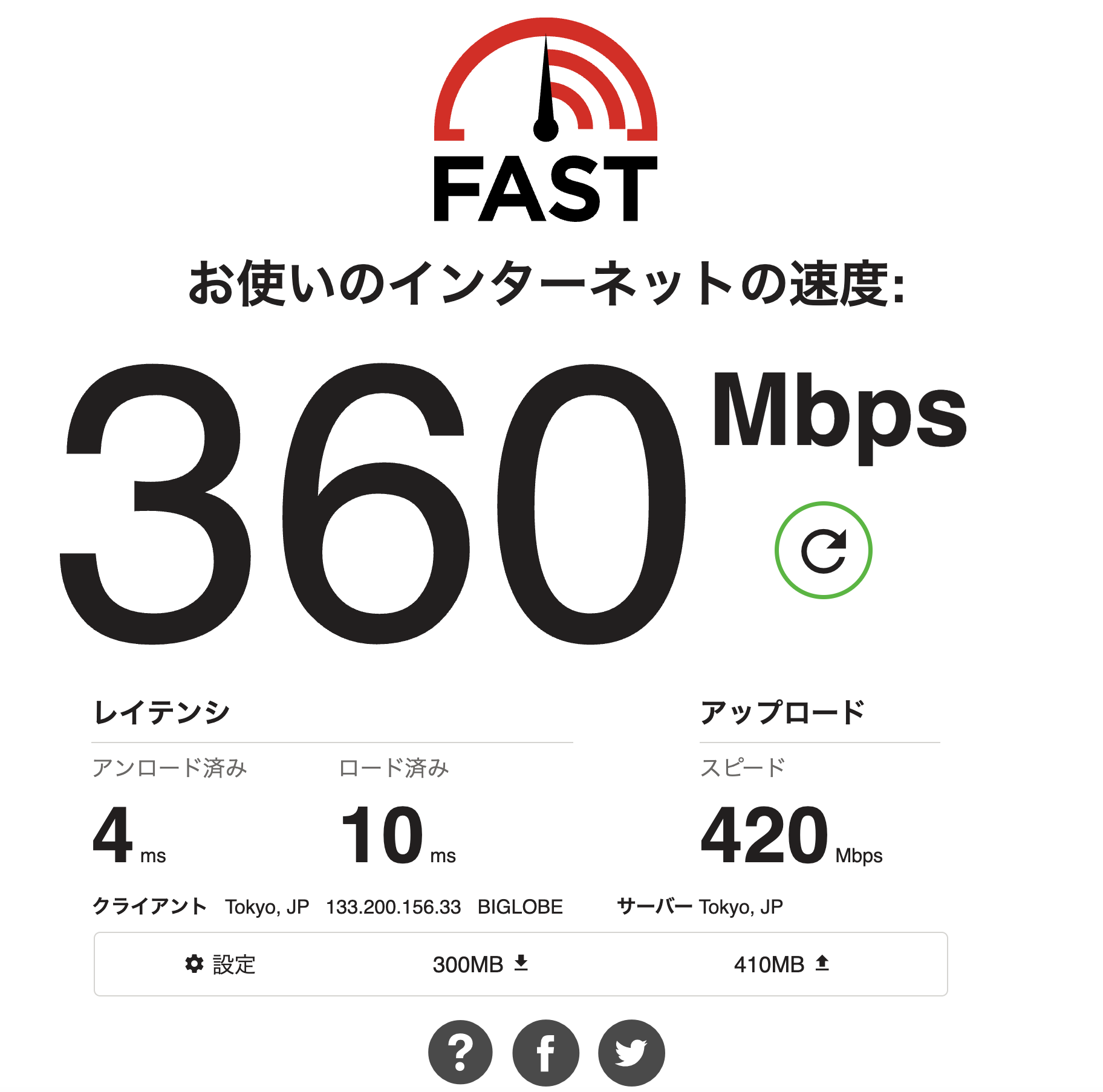 fast.comでのおてがる光の速度計測結果（平日午前、下り360Mbps）