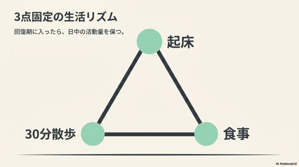 回復期の生活リズムを整える3点固定の図。起床・食事・30分散歩を三角形でつなぎ日中の活動量を保つ
