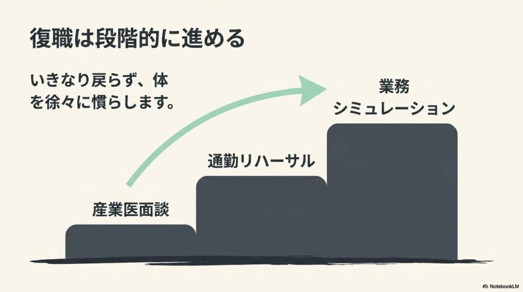 復職は段階的に進める図。産業医面談→通勤リハーサル→業務シミュレーションと階段状に体を慣らす