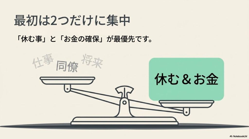 休職初期は仕事や同僚や将来より「休むこと」と「お金の確保」を優先すべきだと天秤で表した図