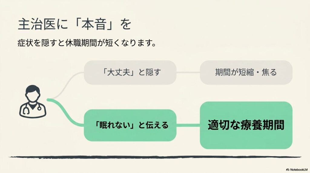 主治医に症状を隠すと休職期間が短くなる分岐図。「大丈夫と隠す」より「眠れないと本音を伝える」ほうが適切な療養期間につながる