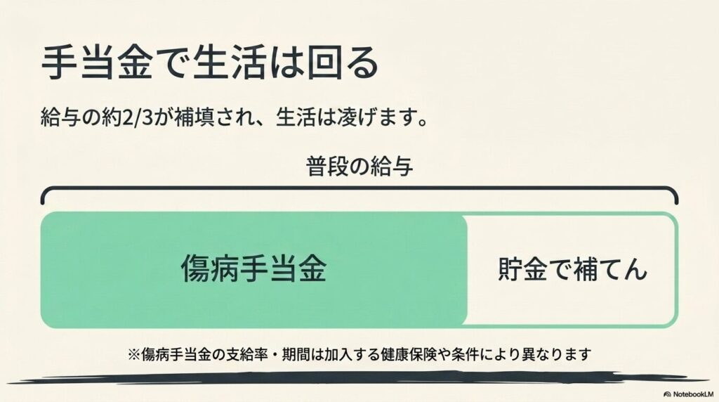 傷病手当金で給与の約2/3が補填され、不足分を貯金で補えば生活が回ることを示した帯グラフ