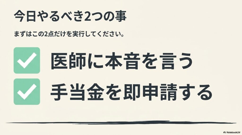 休職初期に今日やるべき2つのこと。医師に本音を言うことと、傷病手当金を即申請することをチェックリストで示す