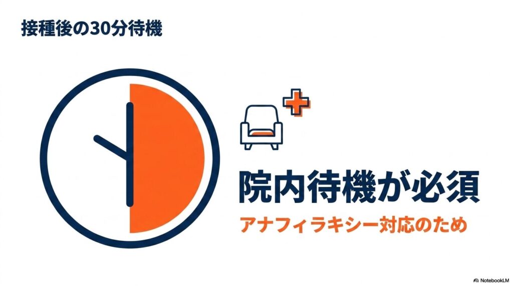 接種後は30分の院内待機が必須。アナフィラキシー対応のため