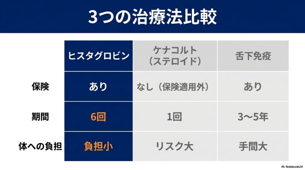 花粉症の3治療法比較。ヒスタグロビン注射・ステロイド・舌下免疫療法を保険適用/期間/負担で比較
