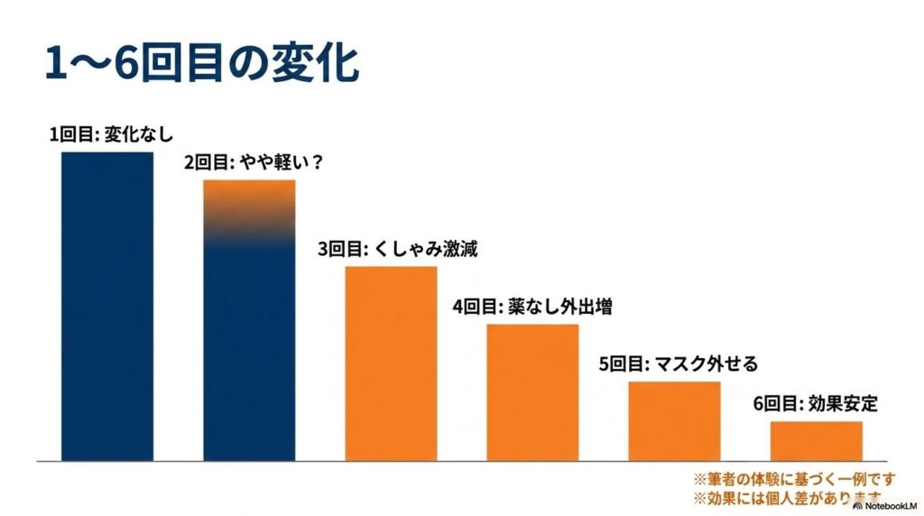 ヒスタグロビン注射1〜6回目の変化。1回目は変化なし、2回目でやや軽い、3回目でくしゃみが激減した、4回目は薬なしで外出増、5回目でマスクを外せる、6回目で効果が安定した筆者の体験例