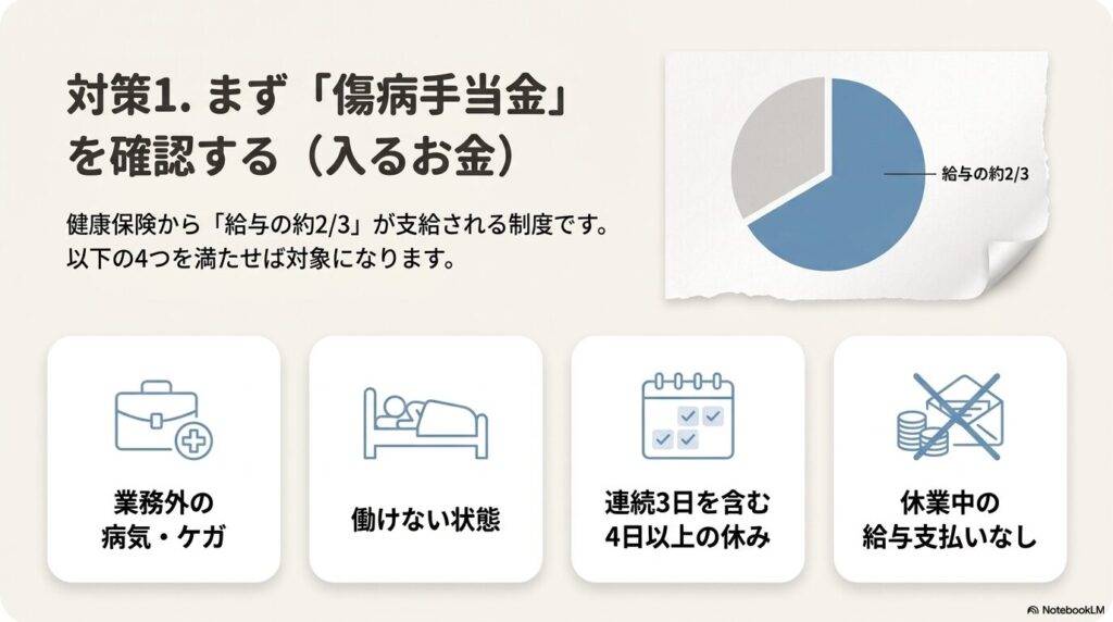 まず傷病手当金を確認する。給与の約３分の２が支給される制度。