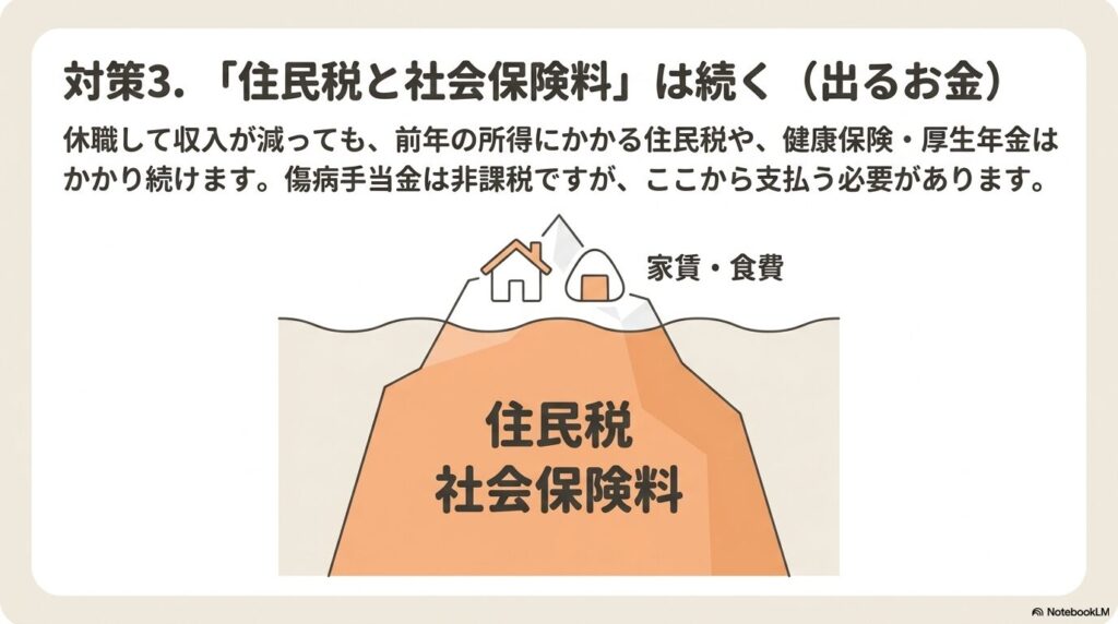 住民税と社会保険料は継続して出ていくお金。傷病手当金から支払う必要がある。