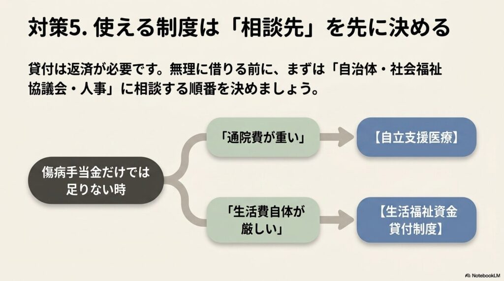 傷病手当金だけでは足りない場合、使える制度は相談先を先に決めること。