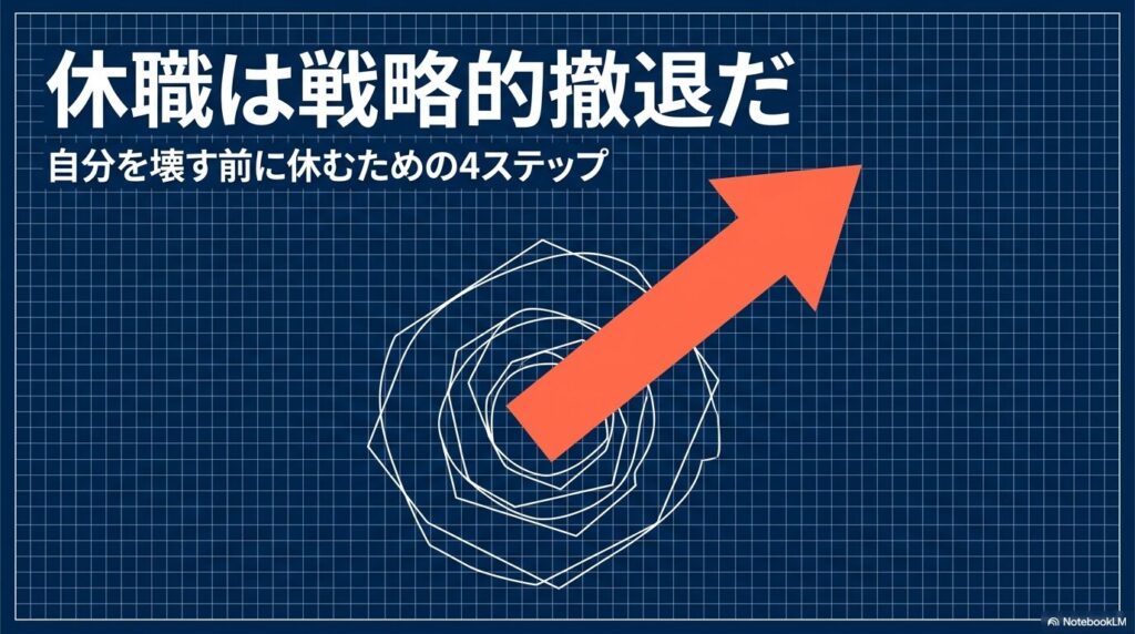 適応障害・うつ病で休職した体験ブログの図解タイトル。休職は戦略的撤退であり、自分を壊す前に休むための4ステップを示す