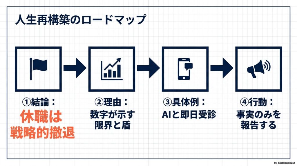 うつ病・適応障害で休職する際の人生再構築ロードマップ。結論・理由・具体例・行動の4ステップを矢印で図解