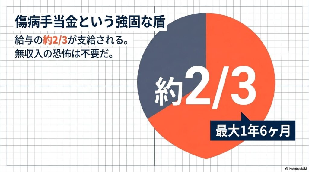 無収入の不安を消す傷病手当金の図解。給与の約2/3が最大1年6ヶ月支給される仕組みを円グラフで表示