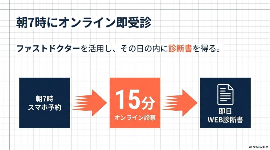 ファストドクターで朝7時にオンライン受診する流れの図解。スマホ予約から15分の診察を経て即日WEB診断書を取得