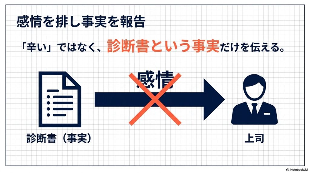 休職を上司へ伝える際は感情ではなく診断書という事実だけを報告することを示した図