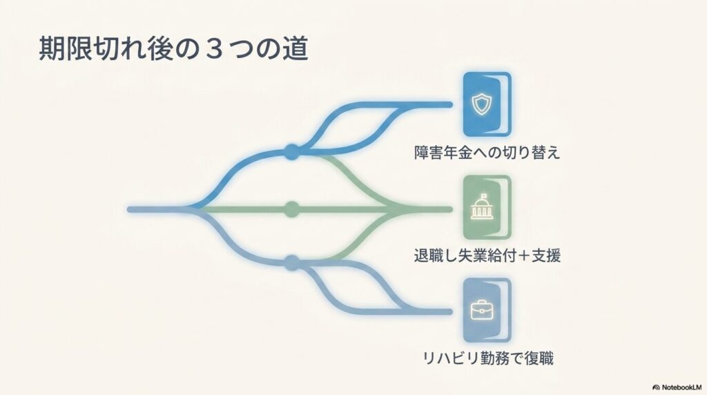 傷病手当金がうつ病で通算1年6ヶ月の期限切れになった後の3つの選択肢を示す図。障害年金への切り替え・退職して失業給付と支援・リハビリ勤務で復職