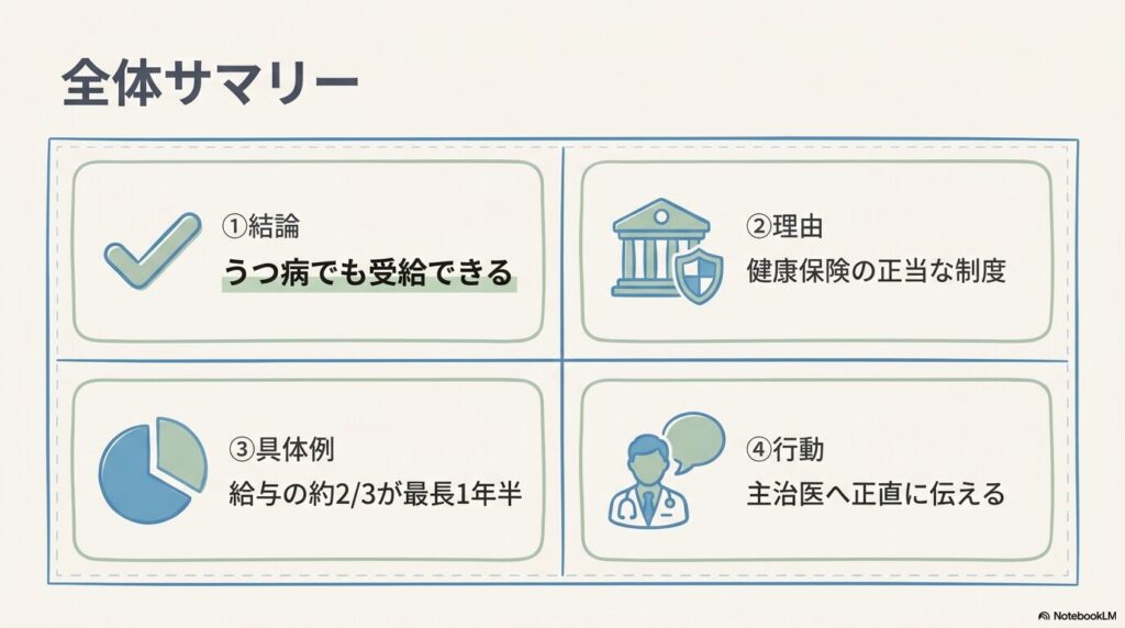 傷病手当金はうつ病でも受給できることを示す全体サマリー図。結論・健康保険の正当な制度である理由・給与の約3分の2が最長1年6ヶ月支給される具体例・主治医に正直に伝える行動の4点