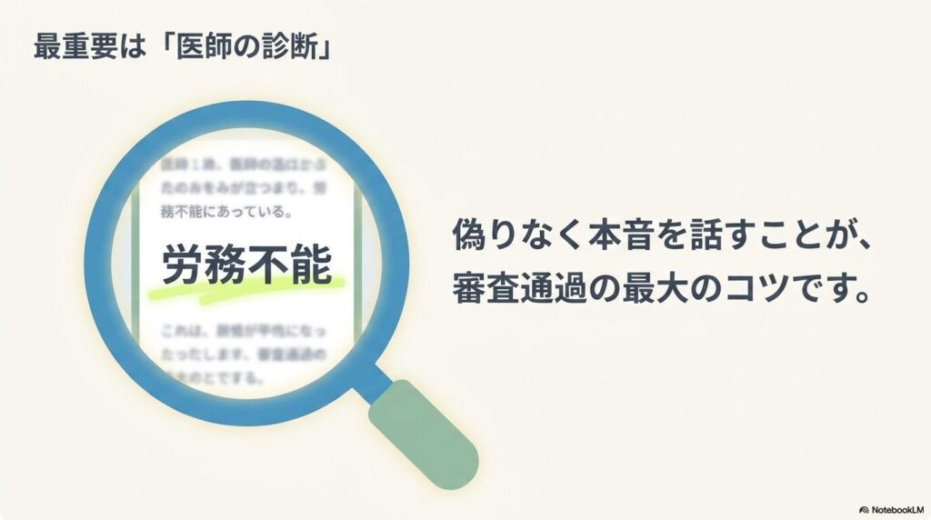 傷病手当金の審査で最も重視されるのは医師の労務不能診断であることを示す図。主治医に本音を正直に伝えることが審査通過の最大のコツ