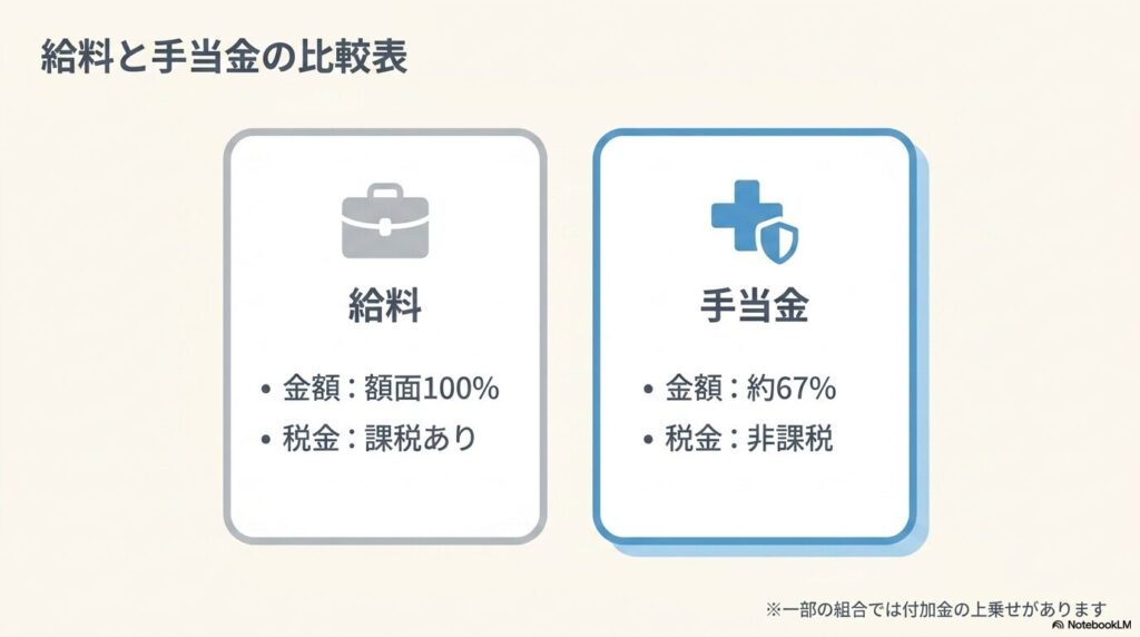 給料と傷病手当金の比較図。給料は額面100%で課税あり、傷病手当金は約67%で非課税である違いを示す