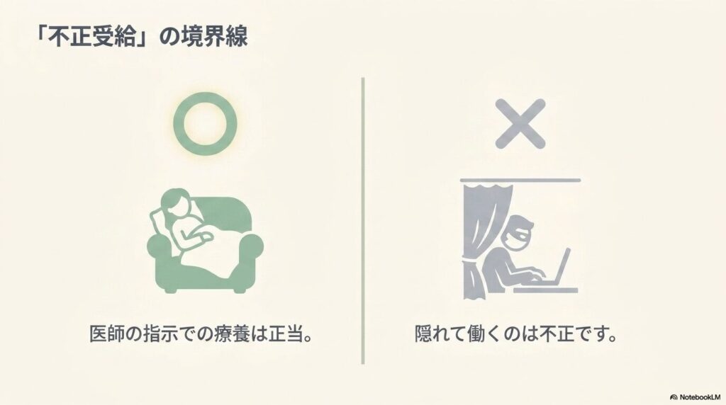 傷病手当金の不正受給の境界線を示す図。医師の指示による療養は正当、隠れて働いて申告しないのは不正という対比