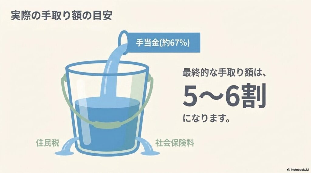 傷病手当金の実際の手取り額の目安を示す図。額面約67%の手当金から住民税と社会保険料が差し引かれ、最終的な手取りは給与の5〜6割になる