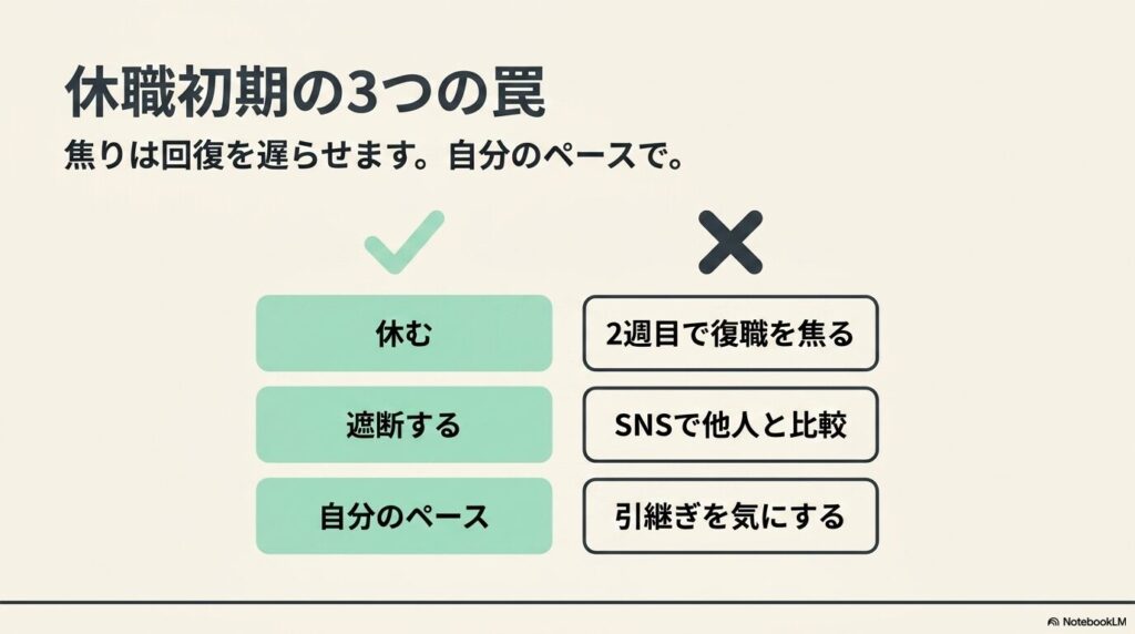 休職初期に後悔しやすい3つの罠の比較図。2週目での焦り・SNSでの他人との比較・引継ぎを気にすることを避け、休む・遮断する・自分のペースを守る