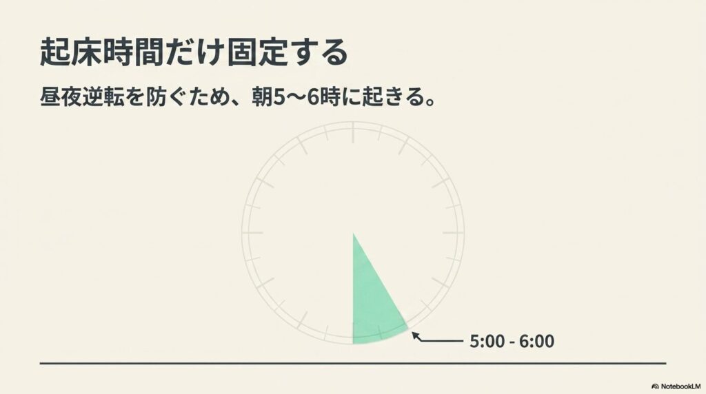 昼夜逆転を防ぐため起床時間だけを朝5〜6時に固定することを、時計の図で示した休職初期の過ごし方
