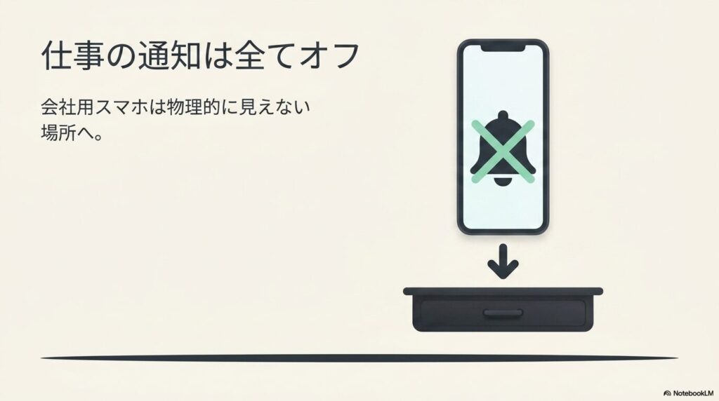 休職中は仕事の通知を全てオフにし、会社用スマホを見えない場所へしまうことを表したイラスト