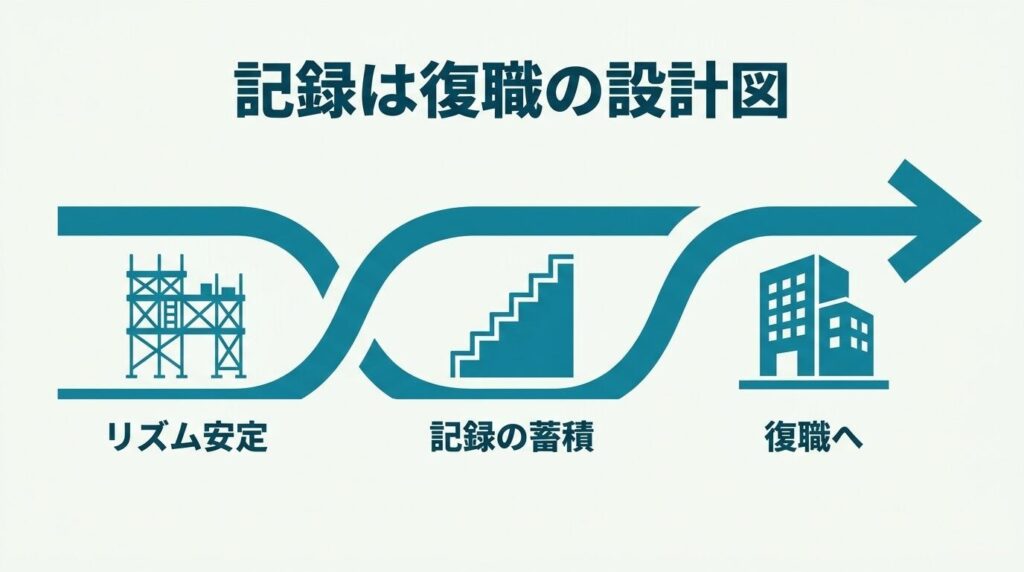 生活記録表は復職の設計図|生活リズムの安定から記録の蓄積を経て復職へ進むフロー図
