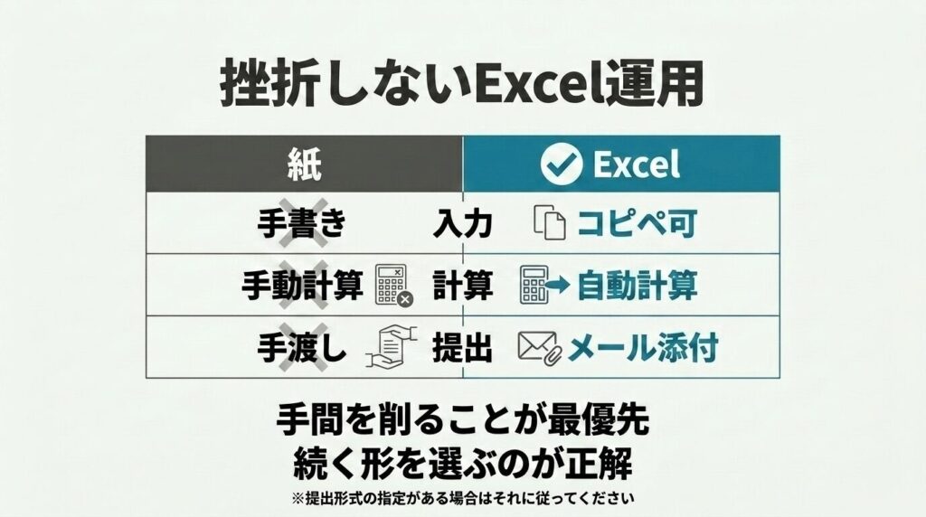 生活記録表は紙よりExcelが続く|手書き・手動計算・手渡しとコピペ・自動計算・メール添付の比較表