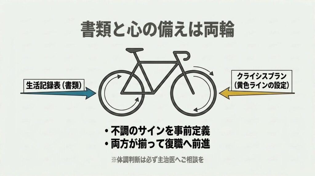 復職準備は書類と心の備えの両輪|生活記録表とクライシスプランを前輪と後輪にたとえた自転車のイラスト