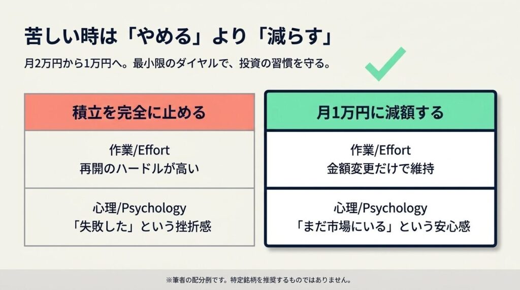 クレカ積立を完全に止める場合と月1万円に減額する場合の比較表。減額なら金額変更だけで維持でき、市場に残っている安心感が得られる